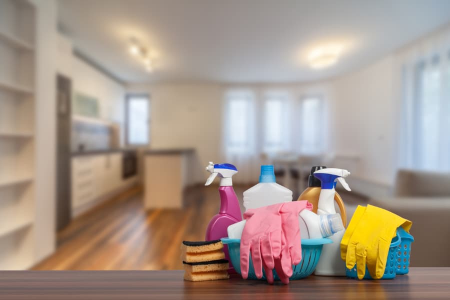 Sprays, sponges, gloves and other supplies for spring cleaning around home