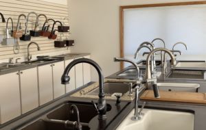 Cooper Mechanical showroom displaying large selection of sink faucets from top brands 