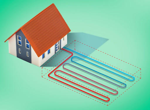A house and geothermal heating and cooling system diagram with ground horizontal collector.